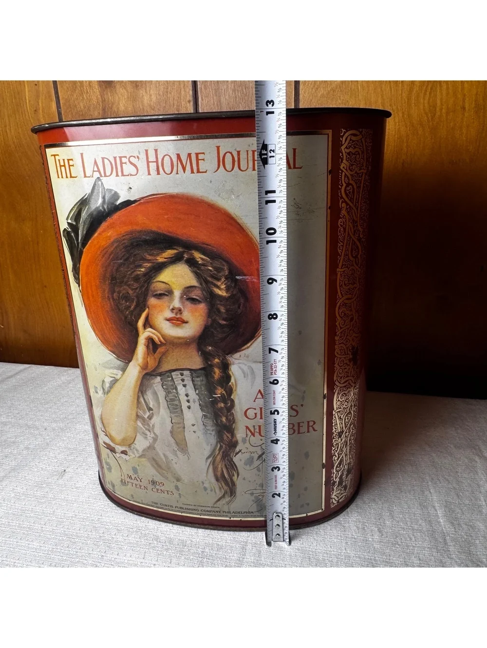 Vintage Cheinco Ladies Home Journal Wastebasket, 1909 Girl’s Number Metal Can